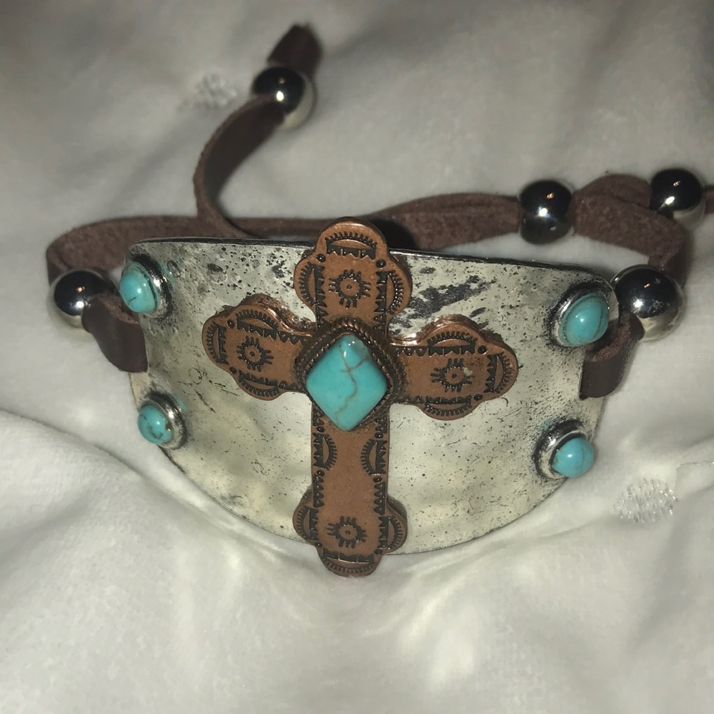 Faux turquoise and silver cross bracelet